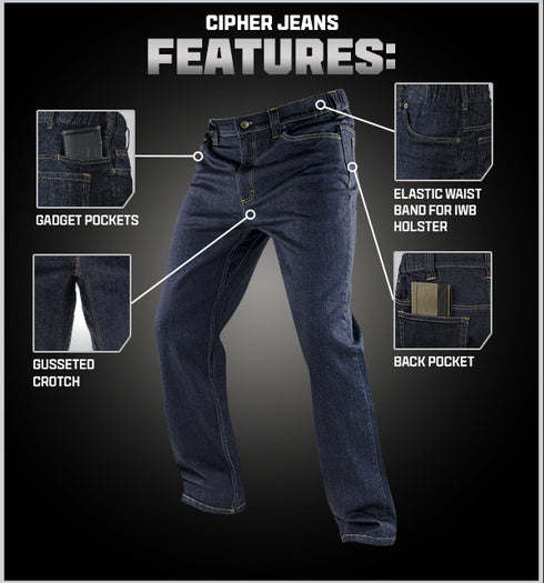 Condor Cipher Jeans in dark blue shown with callouts featuring gadget pockets, gusseted crotch, elastic waistband for IWB holster, and back pocket details—ideal for military or law enforcement—set against a black background.